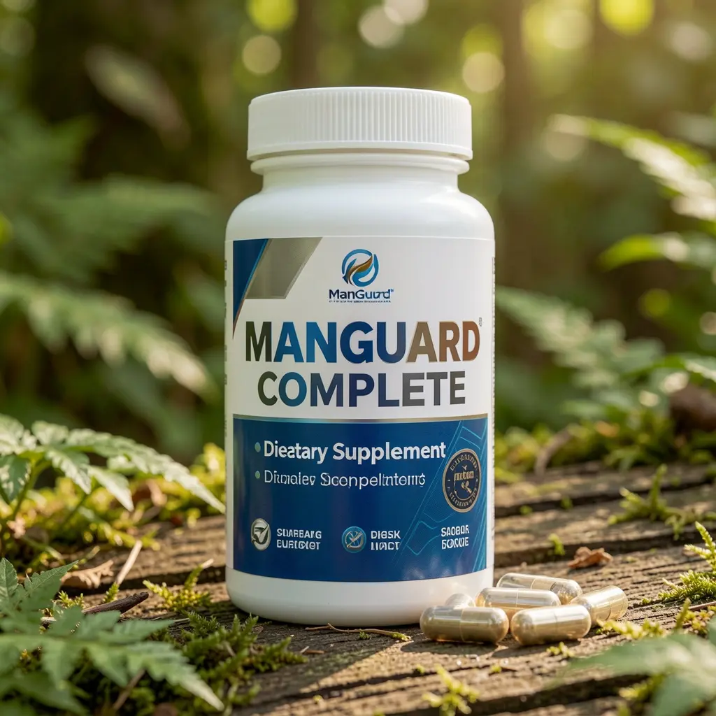 ManGuard Complete dietary supplement bottle with capsules displayed on a natural background